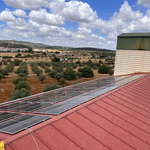 Paneles solares en techo con paisaje rural.